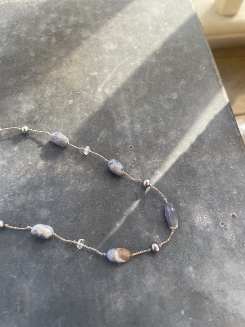 Blue Moss Agate and Gray Pearl Necklace - Picture 4 of 4